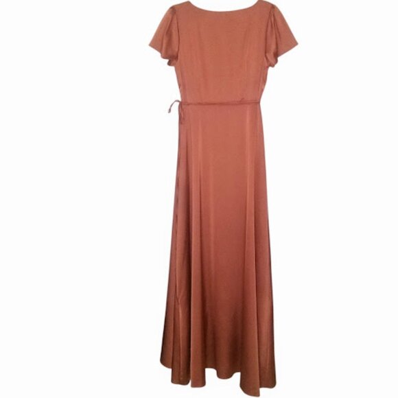 BALTIC BORN | Krystal Satin Wrap Maxi Dress Cinnamon Orange Flutter Sleeve Gown - Picture 3 of 14